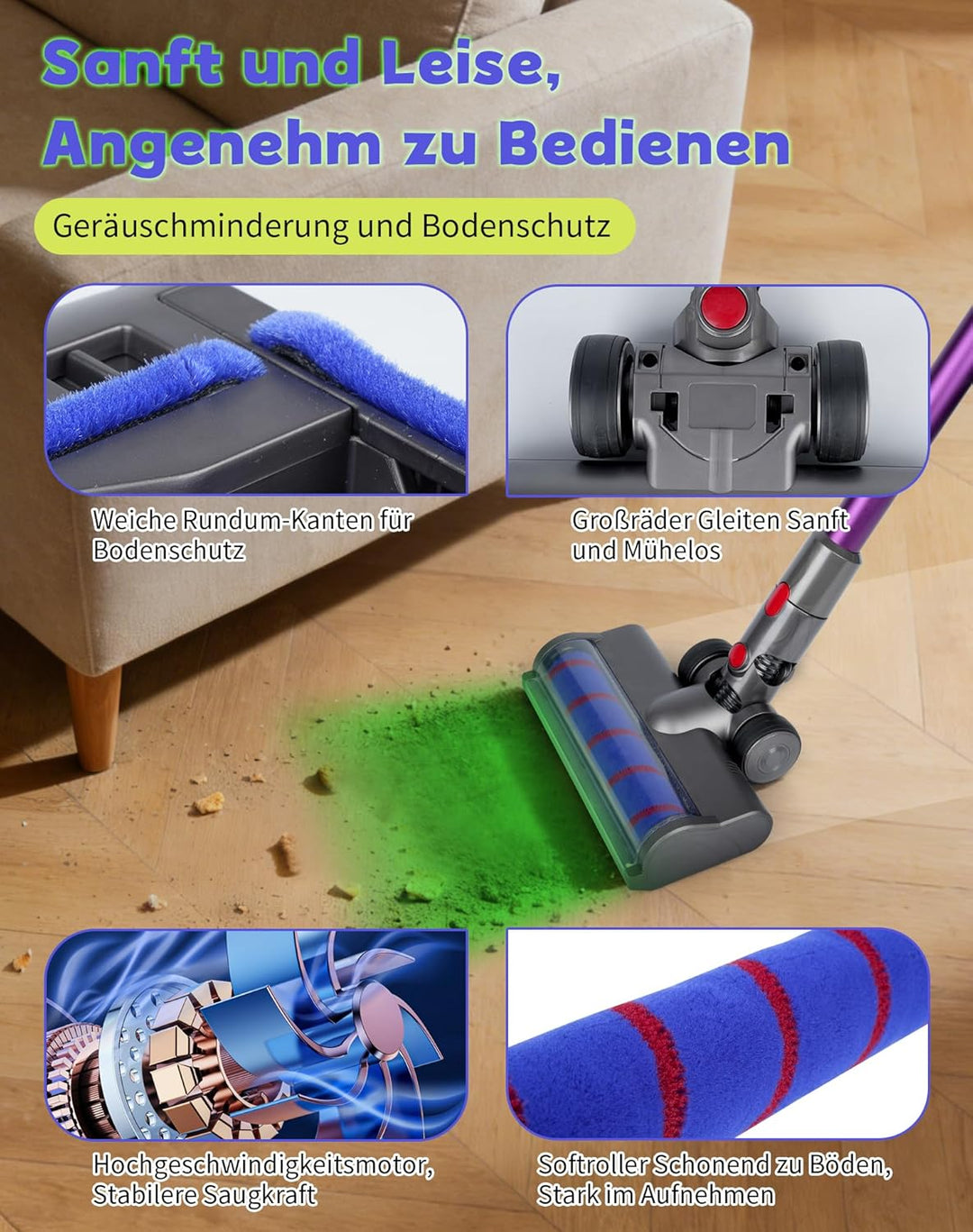 Bürste für Dyson V7 V8 V10 V11 V15 mit Grünem LED Licht, Weichwalze Bodenbürste Geeignet für Hartböd