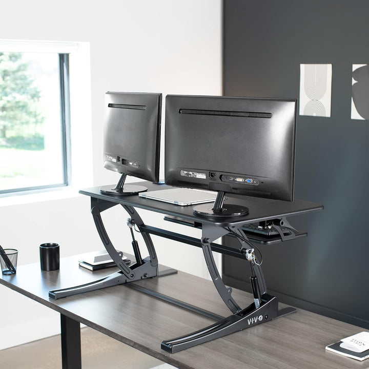 VIVO 91 cm höhenverstellbarer Steh-Sitz-Schreibtischaufsatz, V-Serie, Schnellwechsel-Tisch-Monitorst