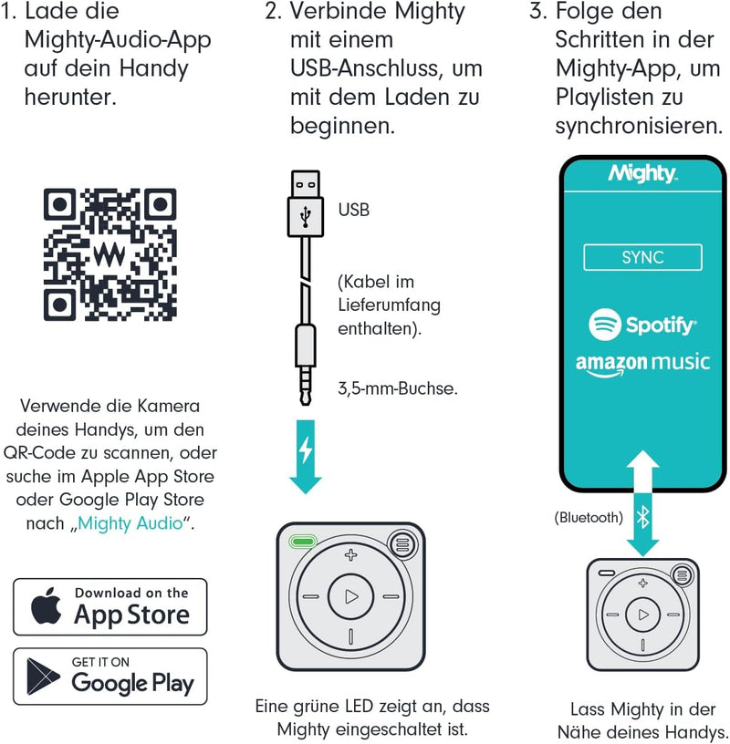 Mighty 3 Spotify Music-Player - Kompatibel mit Bluetooth & kabelgebundenen Kopfhörern - Speicher für