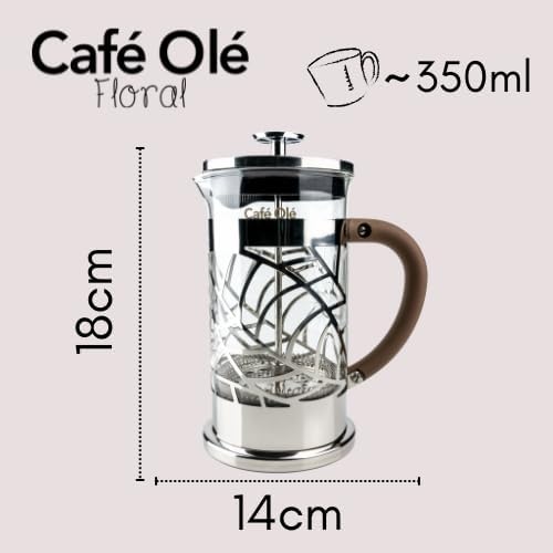 Café Olé Floral Durchsichtiger Kaffeebereiter aus Edelstahl 18/10 und Glas 350 ml 3 Mokkatassen 350m