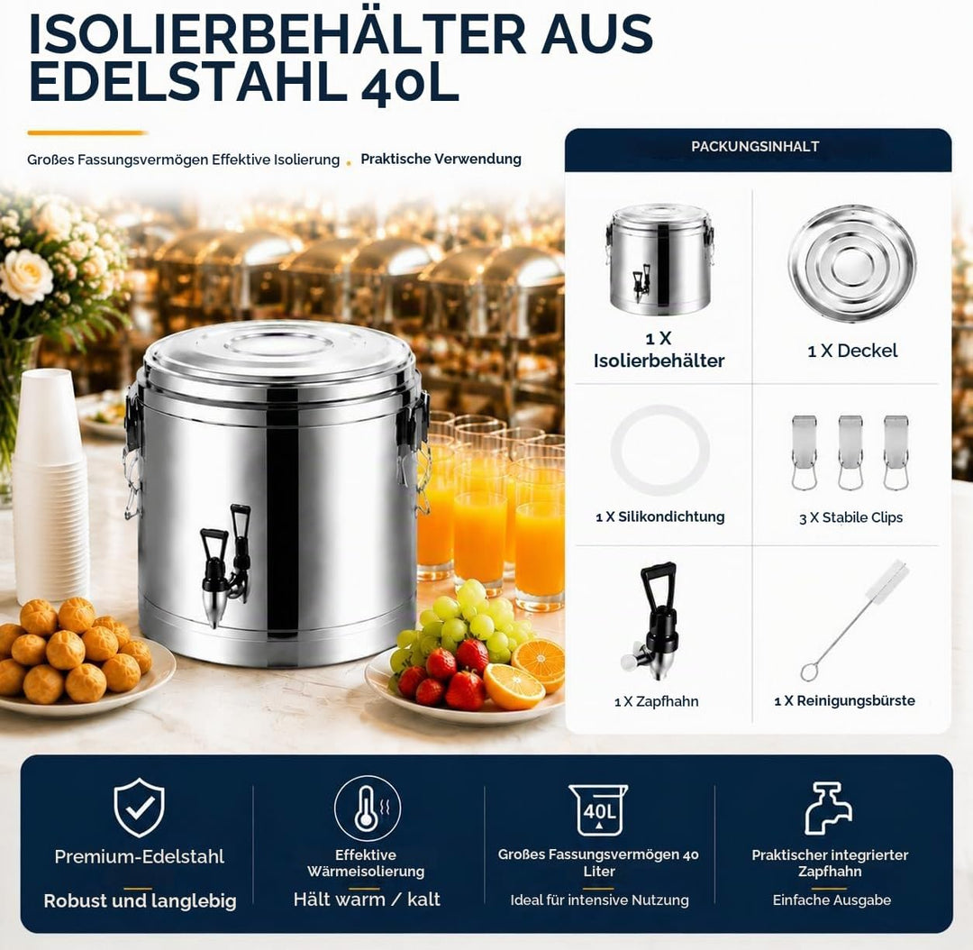 Edelstahl Wasserkanister Thermobehälter 40L - Isolierter Transportbehälter mit Hahn, 201 Edelstahl,