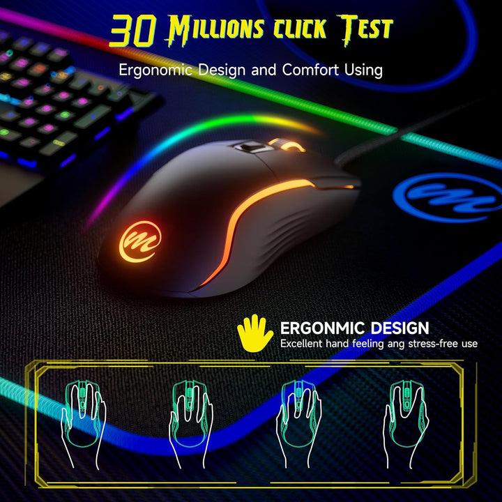 memzuoix Gaming Maus mit Kabel und LED-Lichtern – 12.800 DPI einstellbar, 6 Tasten, 12 RGB-Modi, Erg