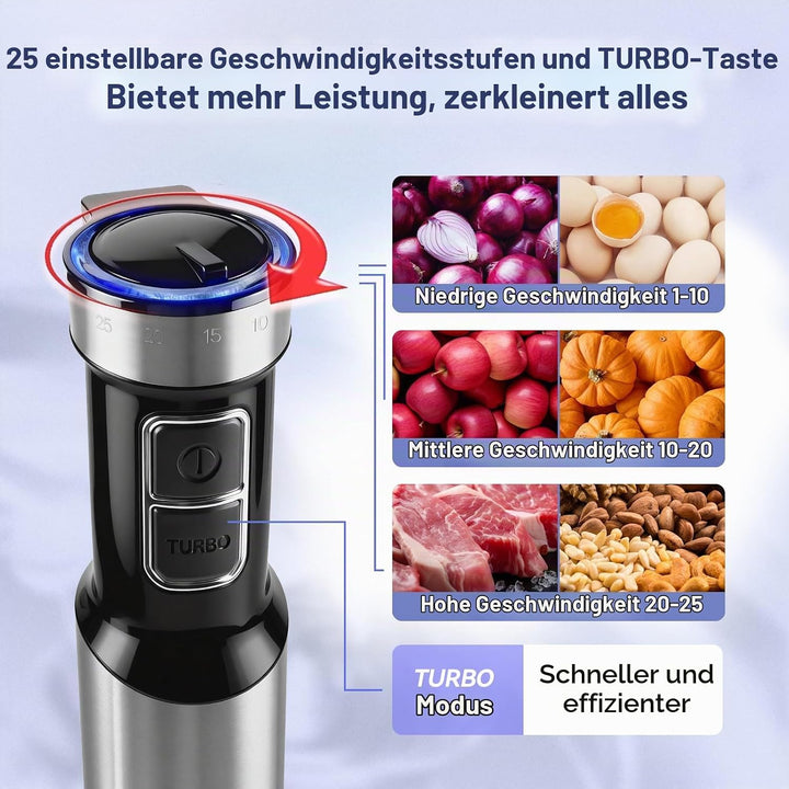 1500W Stabmixer, 4-in-1 Pürierstab, 25 Geschwindigkeitsstufen &amp; Turbo-Stabmixer Set mit Schneebesen,