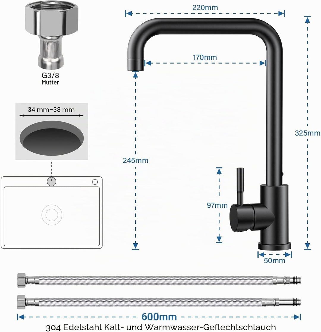 Wasserhahn Küche,Küchenarmatur mit 360°Drehbar, Hochdruck Küchenarmatur Edelstahl Armatur Küche L Fö