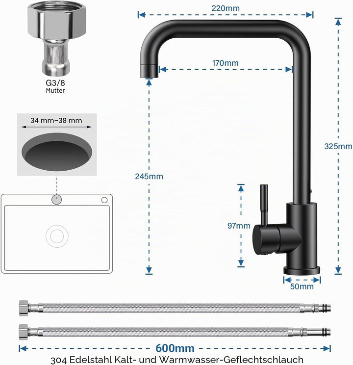 Wasserhahn Küche,Küchenarmatur mit 360°Drehbar, Hochdruck Küchenarmatur Edelstahl Armatur Küche L Fö