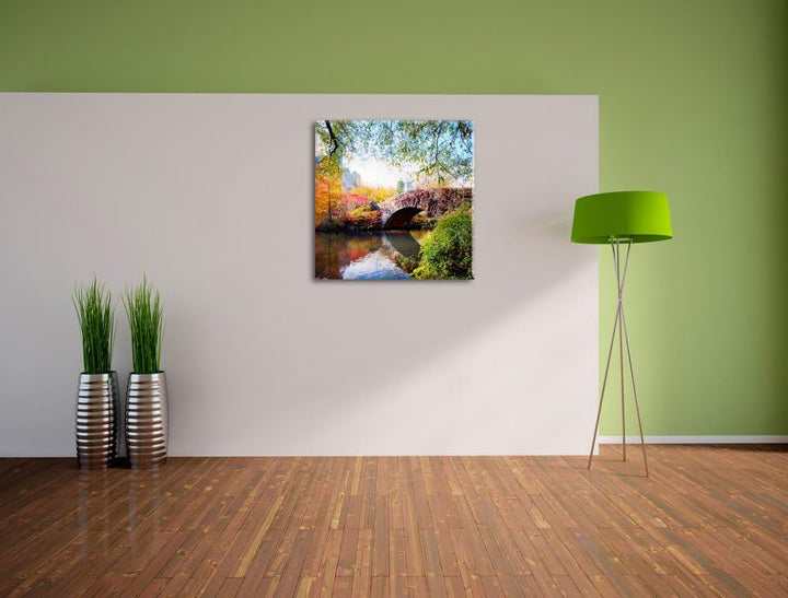 Brücke im Central Park, Format: 70x70 auf Leinwand, XXL riesige Bilder fertig gerahmt mit Keilrahmen