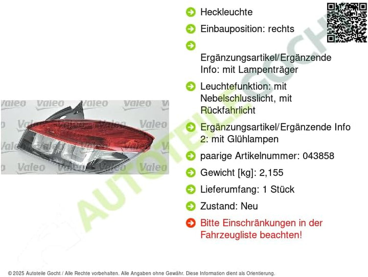 VALEO Original Teil Heckleuchte Rechts 043859