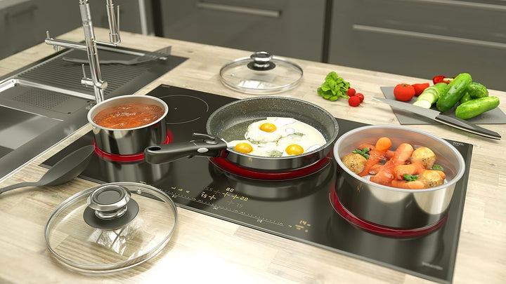 Backen 391505, Topfset 16, 18, 20 cm, Edelstahl, 5-teilig, Induktion, 1 abnehmbarer Griff, 1 Multi-P