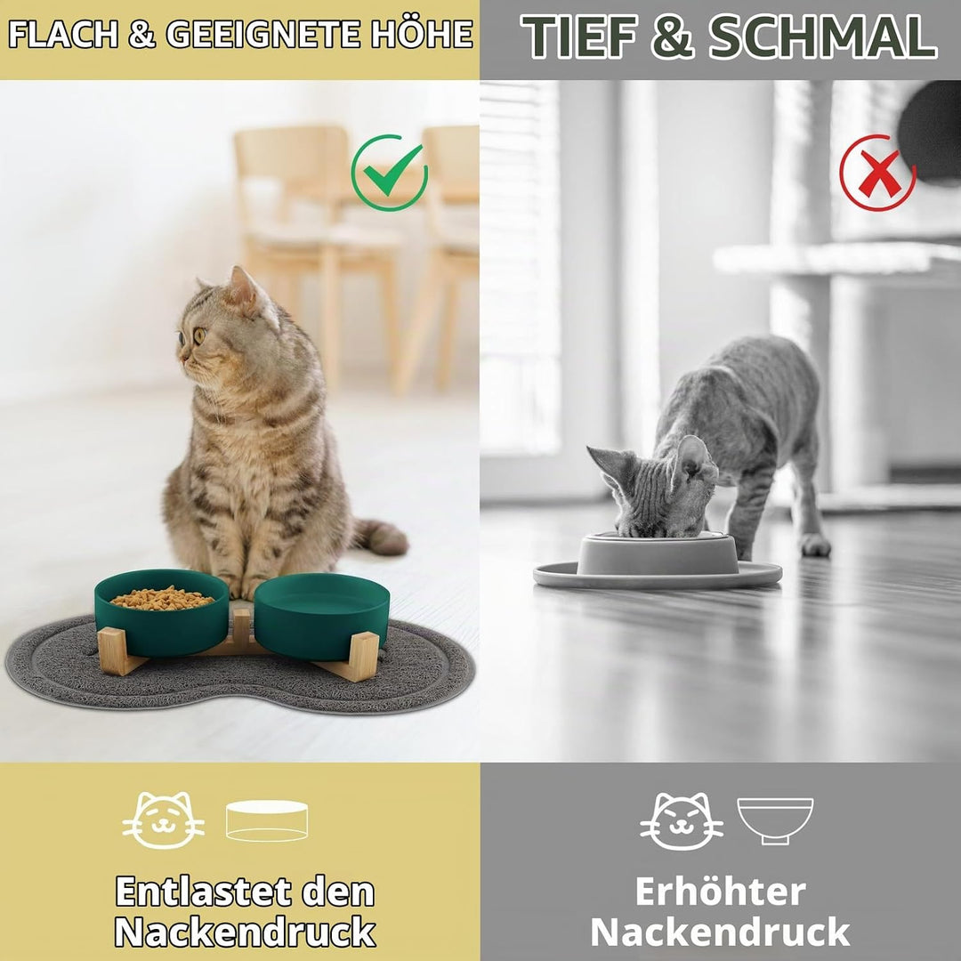 Katzennapf, 2 Stück Keramik Futternapf Katze Set, 3-in-1 rutschfeste Katzennäpfe mit Holzstände und