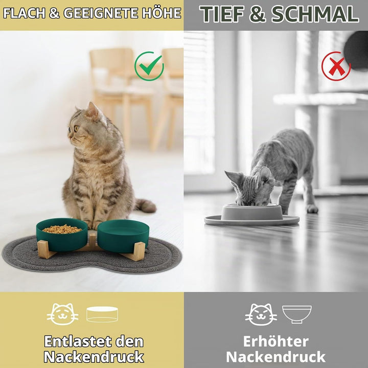 Katzennapf, 2 Stück Keramik Futternapf Katze Set, 3-in-1 rutschfeste Katzennäpfe mit Holzstände und