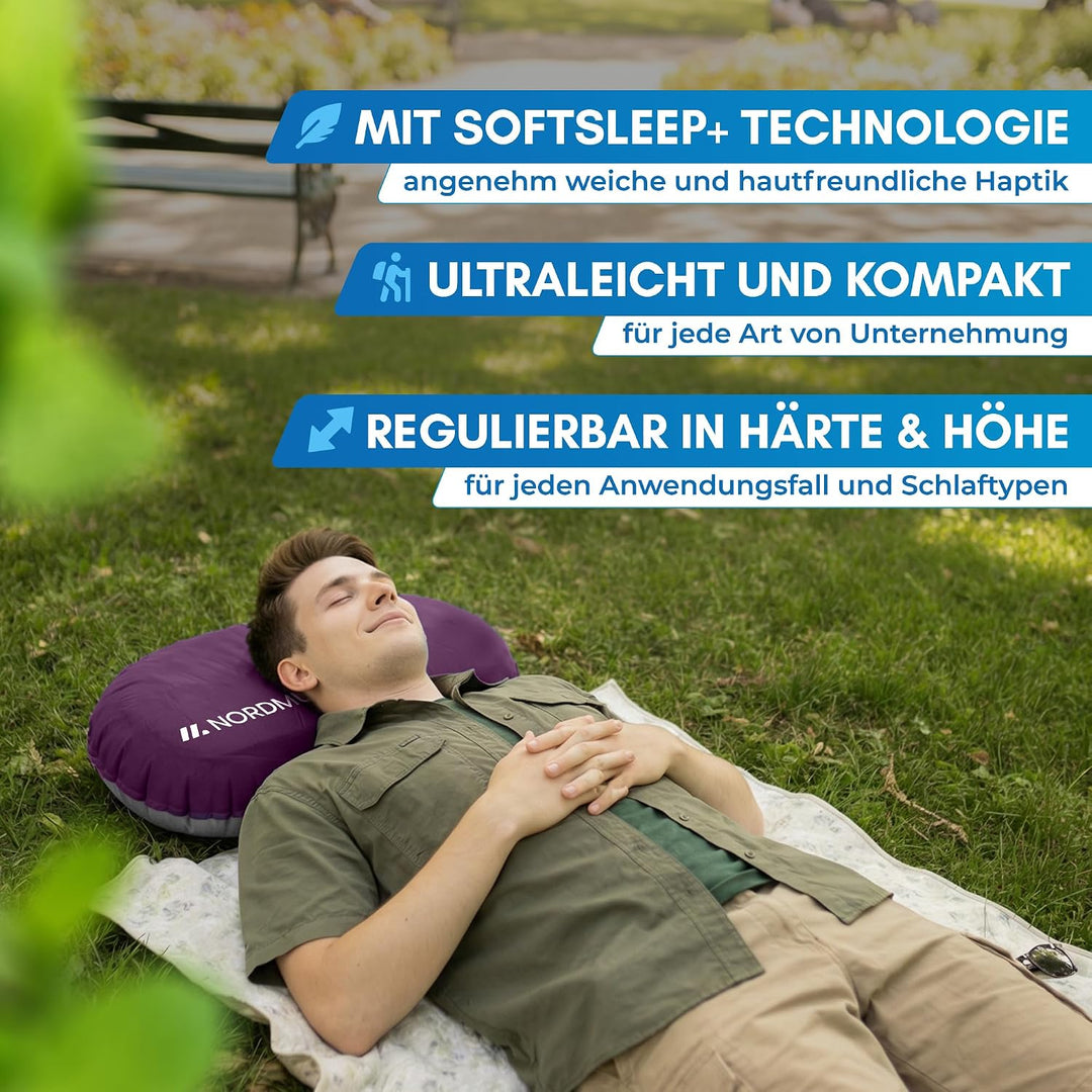 NORDMUT® Campingkissen aufblasbar [SoftSleep+] Komfortables Kissen Ultraleicht mit kleinem Packmass