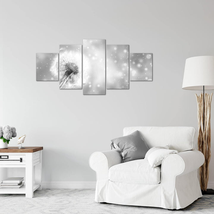 Runa Art Wandbilder Blumen Pusteblume 5 Teilig Bild auf Vlies Leinwand Deko Wohnzimmer Abstrakt Schw
