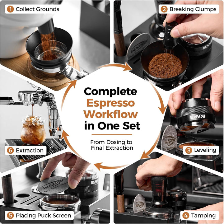 IKAPE 58 mm Espresso-Werkzeugset, schwarz, 8-in-1: Kaffeetamper, Verteiler, Magnettrichter, Pucksieb