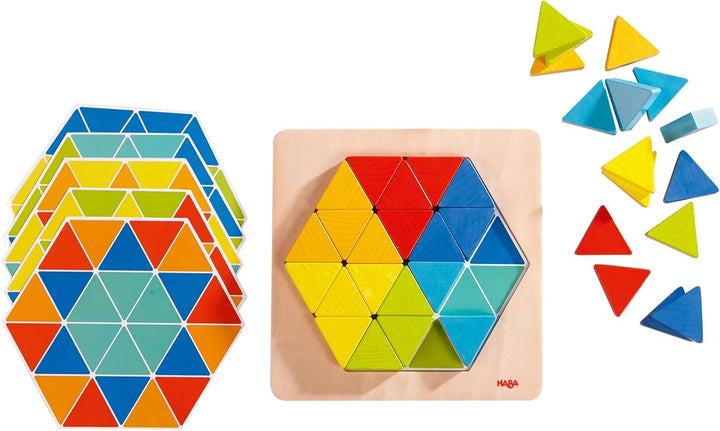 HABA 301703 - Legespiel Zauberdreiecke, Mit 36 Dreicken und 6 doppelseitig bedruckten Vorlagenblätte