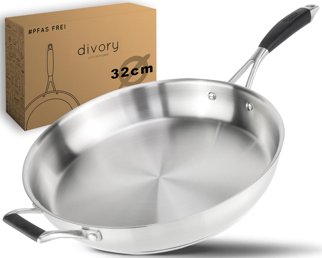 Edelstahlpfanne 32cm – Ohne PTFE & PFOA, unbeschichtete Pfanne aus Edelstahl, Induktion geeignet, gr