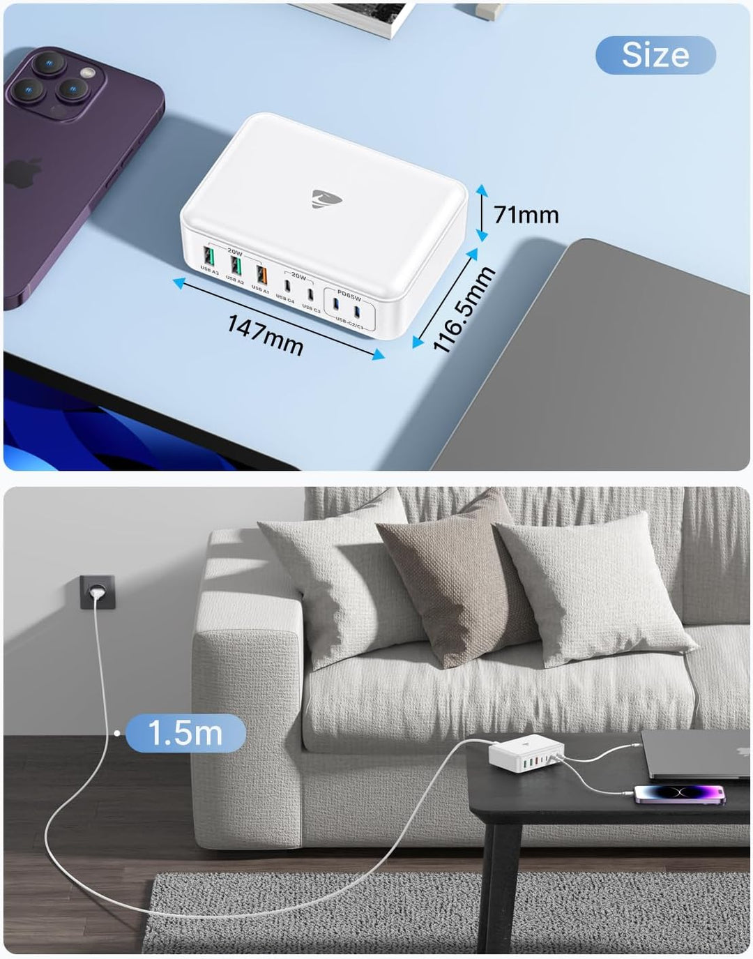 USB C Ladegerät, 165W USB C Adapter 7-Port GaN Schnellladegerät PD 3.0 Power Adapter mit 4 USB-C und