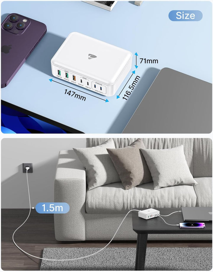 USB C Ladegerät, 165W USB C Adapter 7-Port GaN Schnellladegerät PD 3.0 Power Adapter mit 4 USB-C und