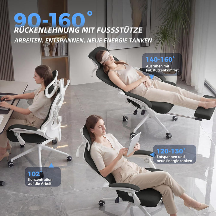 CYKOV Ergonomischer Bürostuhl mit Fussstütze, Büro Stuhl & Gaming Stuhl 150 kg+, 90-160° Verstellbar