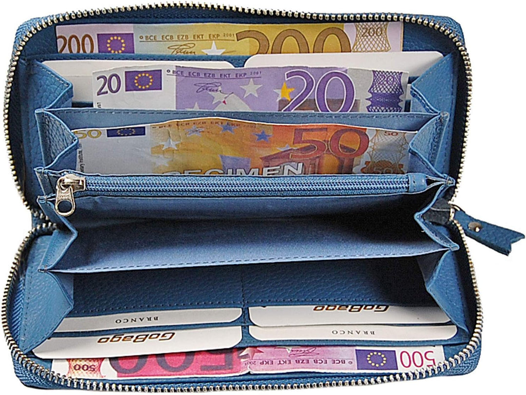 GoBago Damen Geldbörse Leder Portemonnaie Geldbeutel Damenbörse mit RFID Schutz (Blau), Blau
