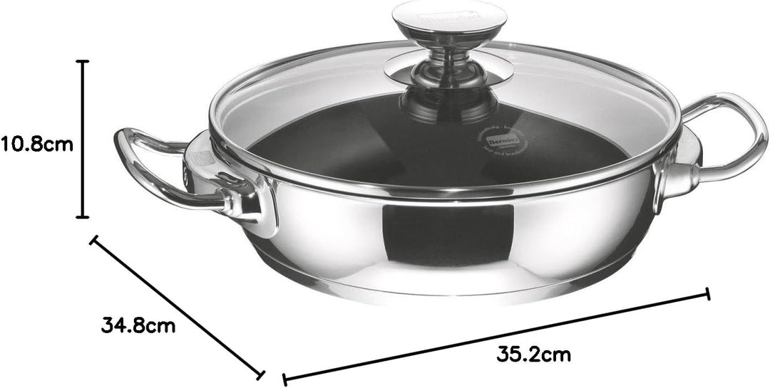 Berndes Schmorkasserolle, 28 cm, Induktion, beschichtete Servierpfanne mit Deckel, Edelstahl Pfanne