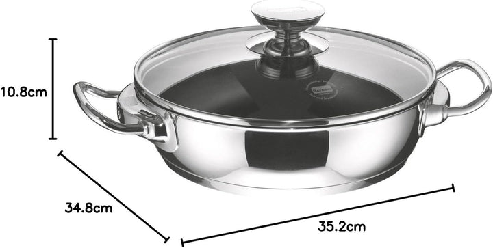 Berndes Schmorkasserolle, 28 cm, Induktion, beschichtete Servierpfanne mit Deckel, Edelstahl Pfanne