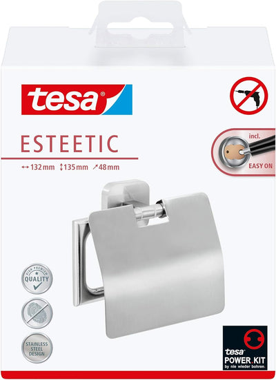 tesa ESTEETIC Toilettenpapierhalter mit Deckel, verchromt - zur Wandbefestigung ohne Bohren, inkl. K