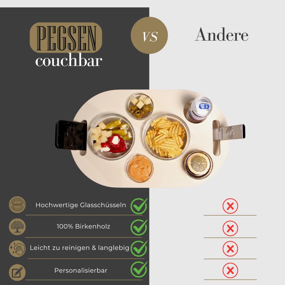 Couchbar Snackbox in weiss mit 4 Glasschalen - Sofabar für Snacks und Getränke - Getränkehalter für