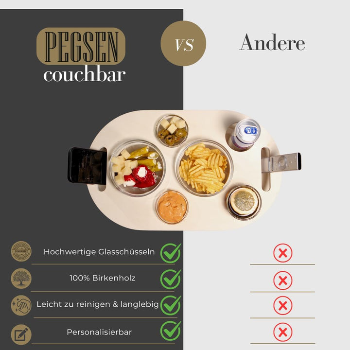 Couchbar Snackbox in weiss mit 4 Glasschalen - Sofabar für Snacks und Getränke - Getränkehalter für
