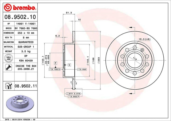 Brembo 08.9502.11 Hintere Bremsscheibe mit UV Lackierung, Anzahl 2