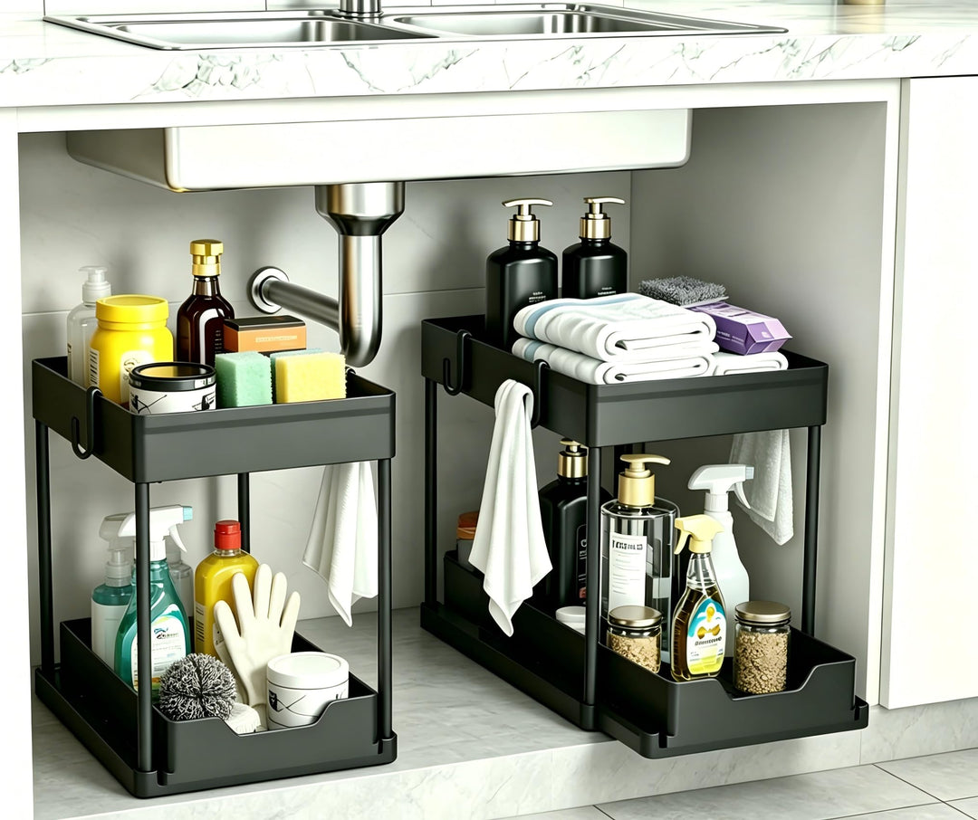 DEKAVA Küchen Organizer, 2 Unter Waschbecken Regal, Schrank Küchenorganizer mit 4 Haken, Schrankkorb