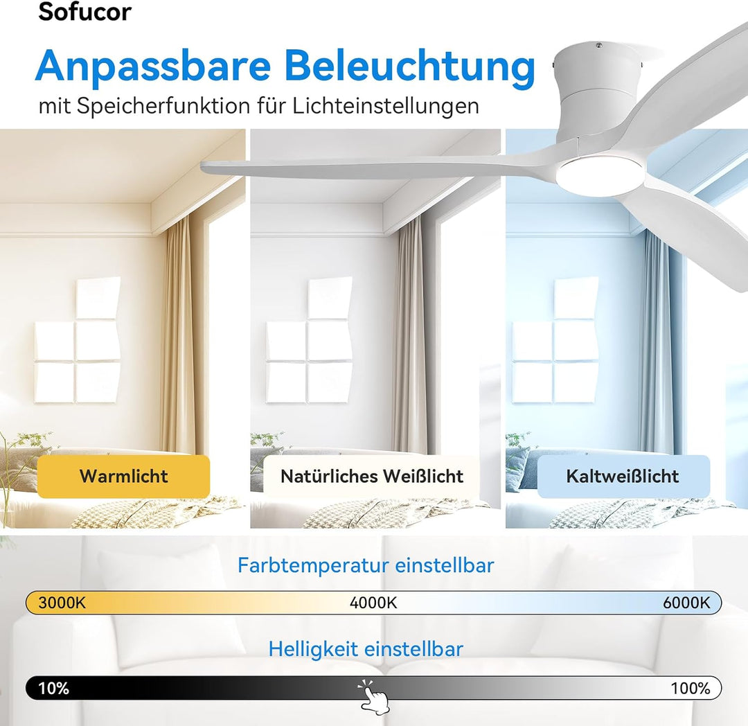 Sofucor 132cm Deckenventilator mit Beleuchtung,Massivholz Deckenventilator mit Licht und Fernbedienu