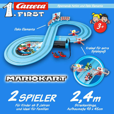 Carrera First Mario Kart Rennbahn-Set | Mario vs. Yoshi | 2 Fahrzeuge inklusive | Kreisel für extra