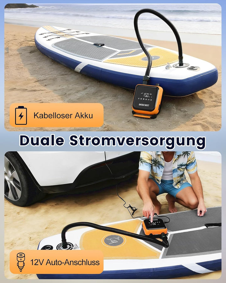 Elektrische SUP Pumpe Akku 20 PSI, 3 Boards pro Ladung, Auto-Stop Doppelstufen Luftpumpe, für Kajak