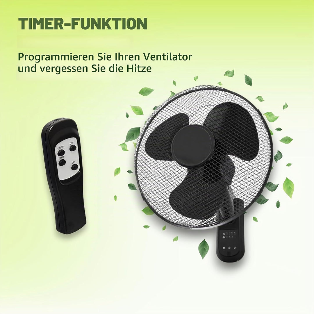 GROWMANIA Wandventilator, schwarz, mit Fernbedienung, 45 W, mit 3 Geschwindigkeitsstufen und Oszilla