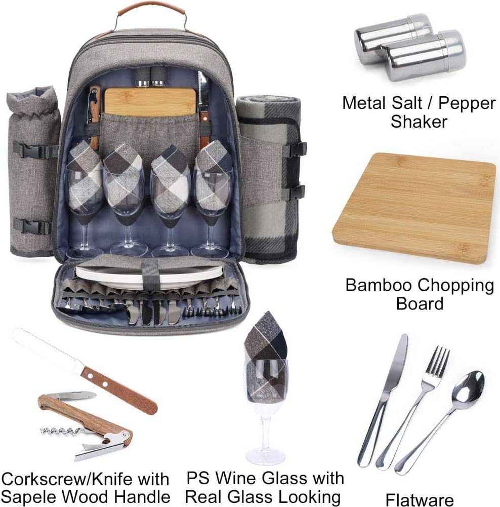 HappyPicnic Isolierter Picknickrucksack für 4 Personen mit komplettem Geschirr, geräumigem Kühlfach,