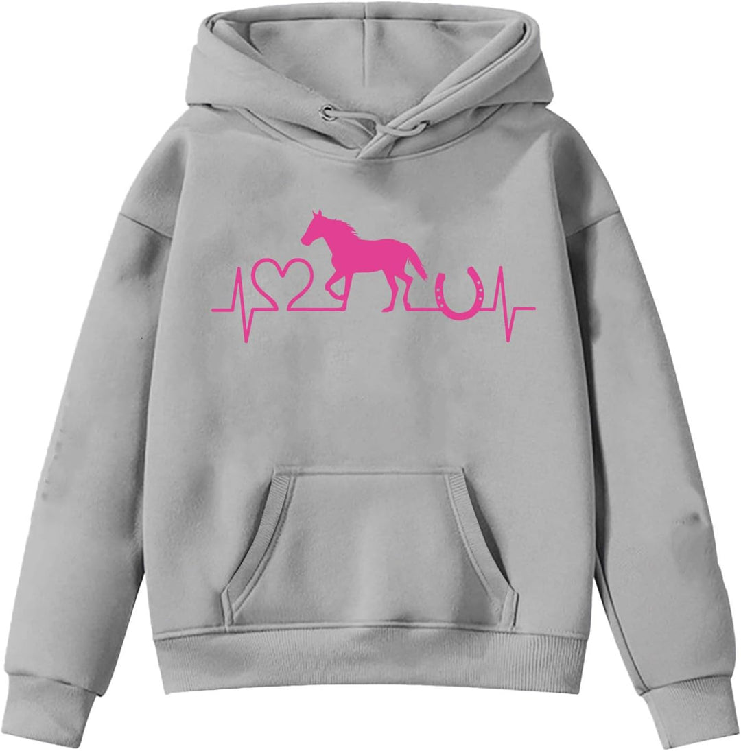 Generisch Mädchen Hoodie Pferde Pullover Kinder Pferde Liebe Sweatshirt Langarm Casual Kapuzenpullov