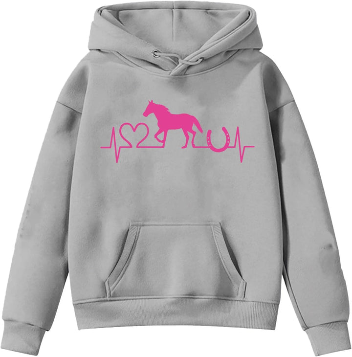 Generisch Mädchen Hoodie Pferde Pullover Kinder Pferde Liebe Sweatshirt Langarm Casual Kapuzenpullov