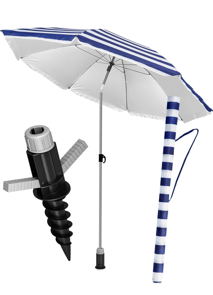 4smile Sonnenschirm Strand 3-IN-1 SET mit Bodenhülse, Ø 180 cm, Blau-Weiss | Strandschirm windfest s