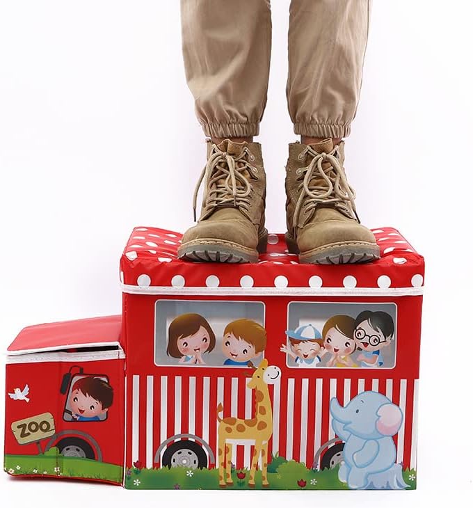 RHP Sitzbox Sitzhocker Kinder, Staubox mit Deckel, Spielzeug, faltbar, Polizei, Schulbus, Eiswagen,