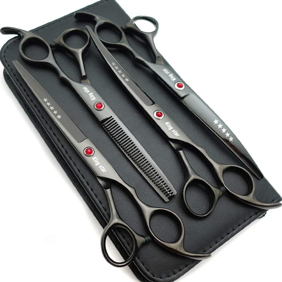 7.0in Titanium Black Professional Pet Grooming Scissors Set,Straight &amp; Thinning &amp; Curved Scissors 4p