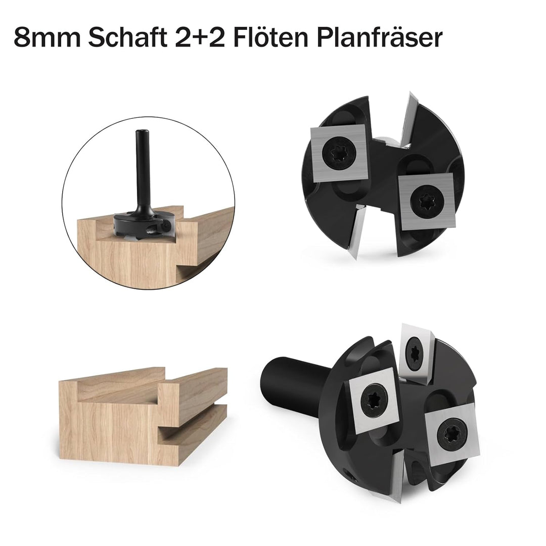 Trvoxviq Planfräser 8mm Schaft 2+2 Flöten, 38.1mm Durchmesser Hobelfräser für Oberfräse mit Wendepla