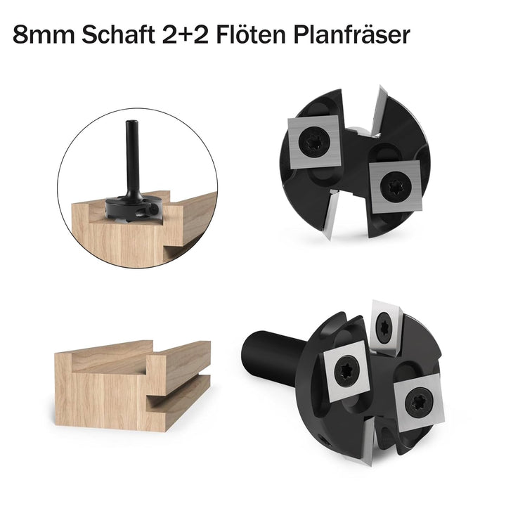 Trvoxviq Planfräser 8mm Schaft 2+2 Flöten, 38.1mm Durchmesser Hobelfräser für Oberfräse mit Wendepla