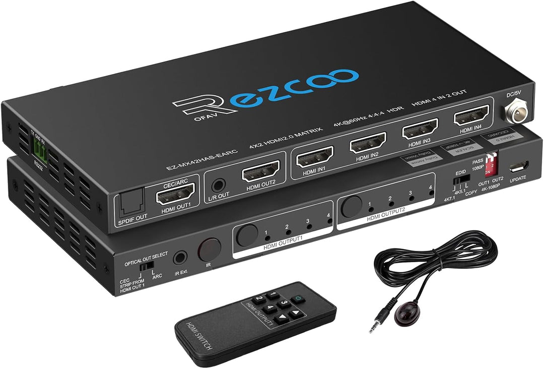 HDMI Matrix 4 in 2 Out 4K 60Hz 4:4:4 ARC HDR D-olby Vision Atmos SPDIF 5.1CH Breakout 3.5mm Stereo H