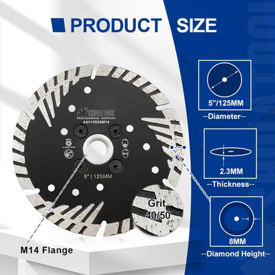 SHDIATOOL Diamant-Trennscheibe 2 Stücke 125mm x M14 mit Turbo schrägen Schutzzähnen für Beton Backst