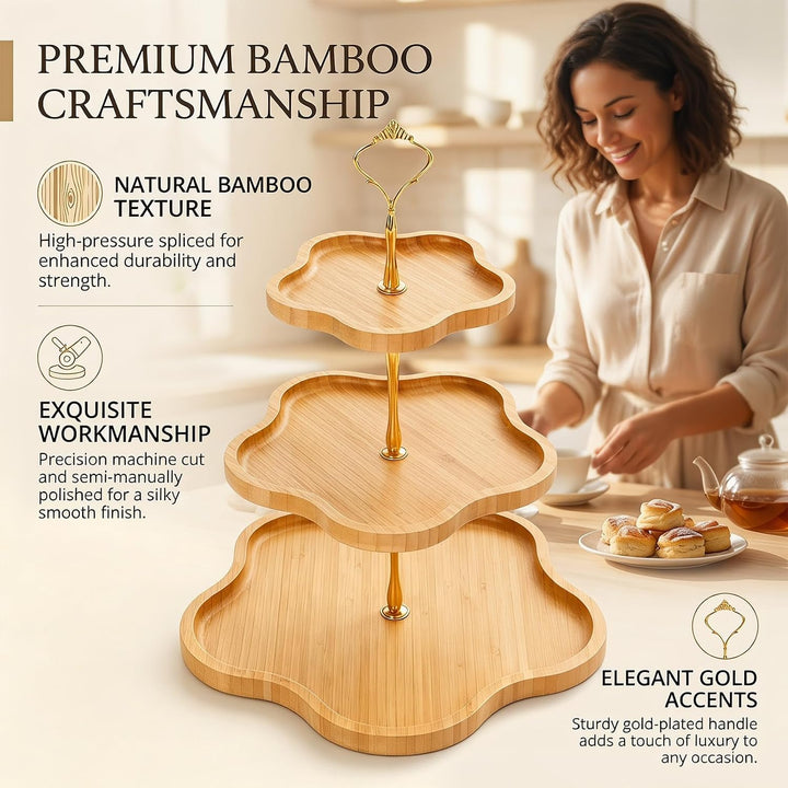 Etagere Obst 3 Stöckig, Kuchenständer Grosser Cupcake Ständer Holz Blumenform-Design, Bambus-Etagere