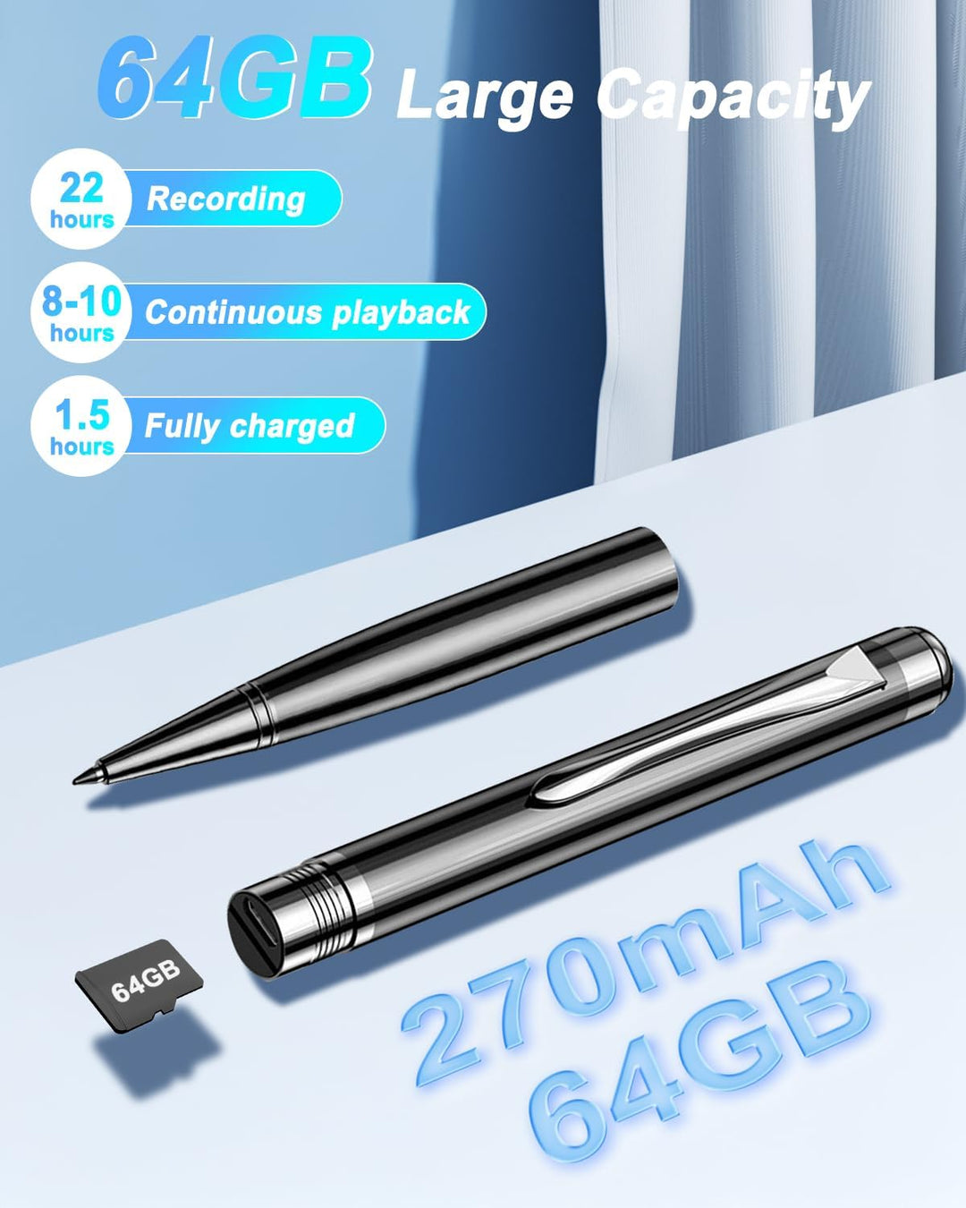 Mini Diktiergerät 64GB, Aufnahmegerät mit 768 Stunden Kapazität, Voice Recorder Pen mit Rauschunterd