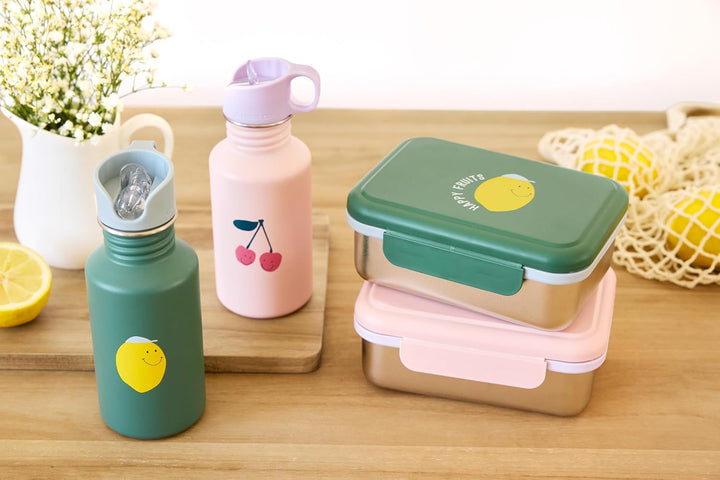 LÄSSIG Kinder Brotdose Edelstahl Lunchbox mit Trennwand Happy Fruits Lemon | Für Kindergarten und Sc