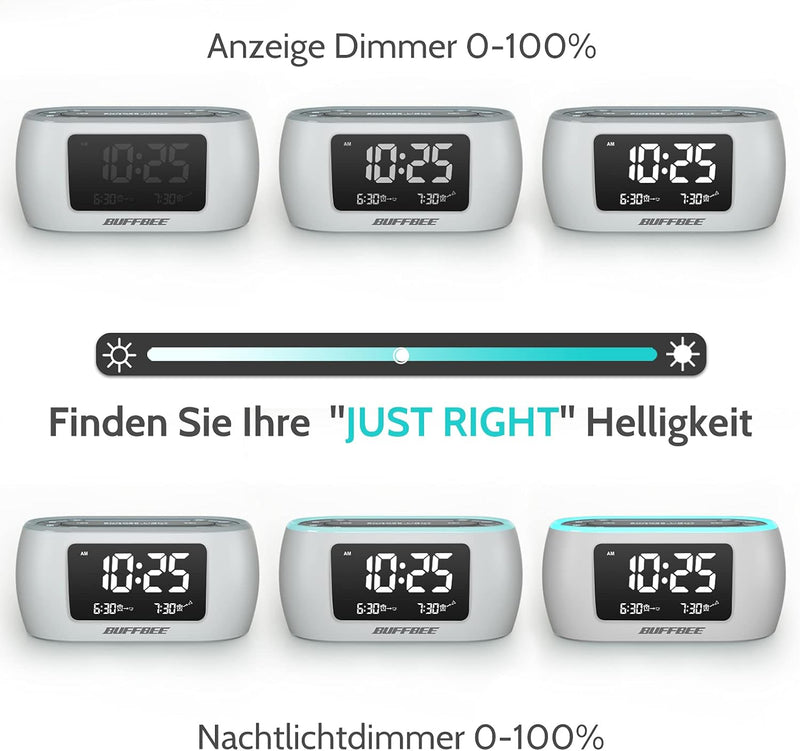 BUFFBEE Radiowecker mit 7-Farben-Nachtlicht, Doppelalarm, Schlummerfunktion, Dimmer, USB-Ladegerät,