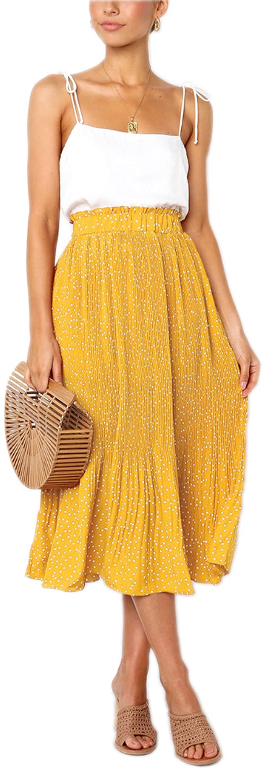 Hoerev Frauen Print Punkt mit Taschen Falten Langer Rock Beach Party Maxi Rock S Gelb Punkt, S Gelb