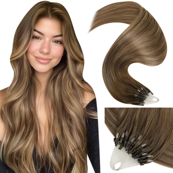 LaaVoo Microring Extensions Echthaar Balayage Hellbraun Ombre Goldblond Cold Fusion Echthaar Extensi